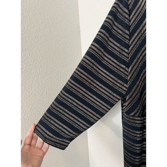 Chicos Travelers Blouse Womens 3 Navy Gold Metallic Striped Long Sleeve - Picture 4 of 13